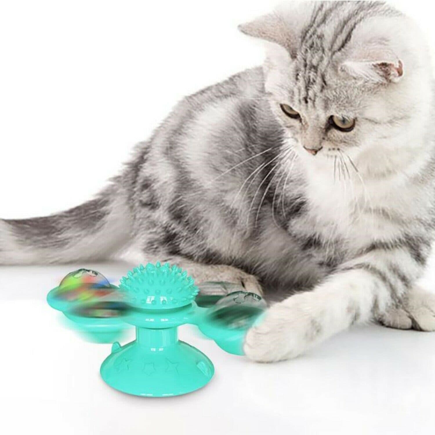 image-New Windmill Cat Toys Cute Rotating Interactive Cat Toy - Indoor Windmill Cat Toy With Suction Cup Catnip & Jagged Teeth Middle Ball, Smart Kitten Rotating Spinner Exercise Toy, Toothbrush & Massager