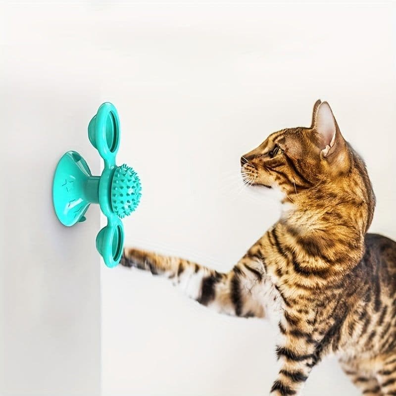 image-New Windmill Cat Toys Cute Rotating Interactive Cat Toy - Indoor Windmill Cat Toy With Suction Cup Catnip & Jagged Teeth Middle Ball, Smart Kitten Rotating Spinner Exercise Toy, Toothbrush & Massager