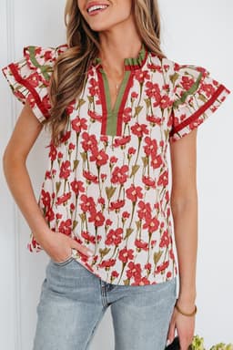 image-Pink Floral Print Blouse - V Neck Double Ruffle