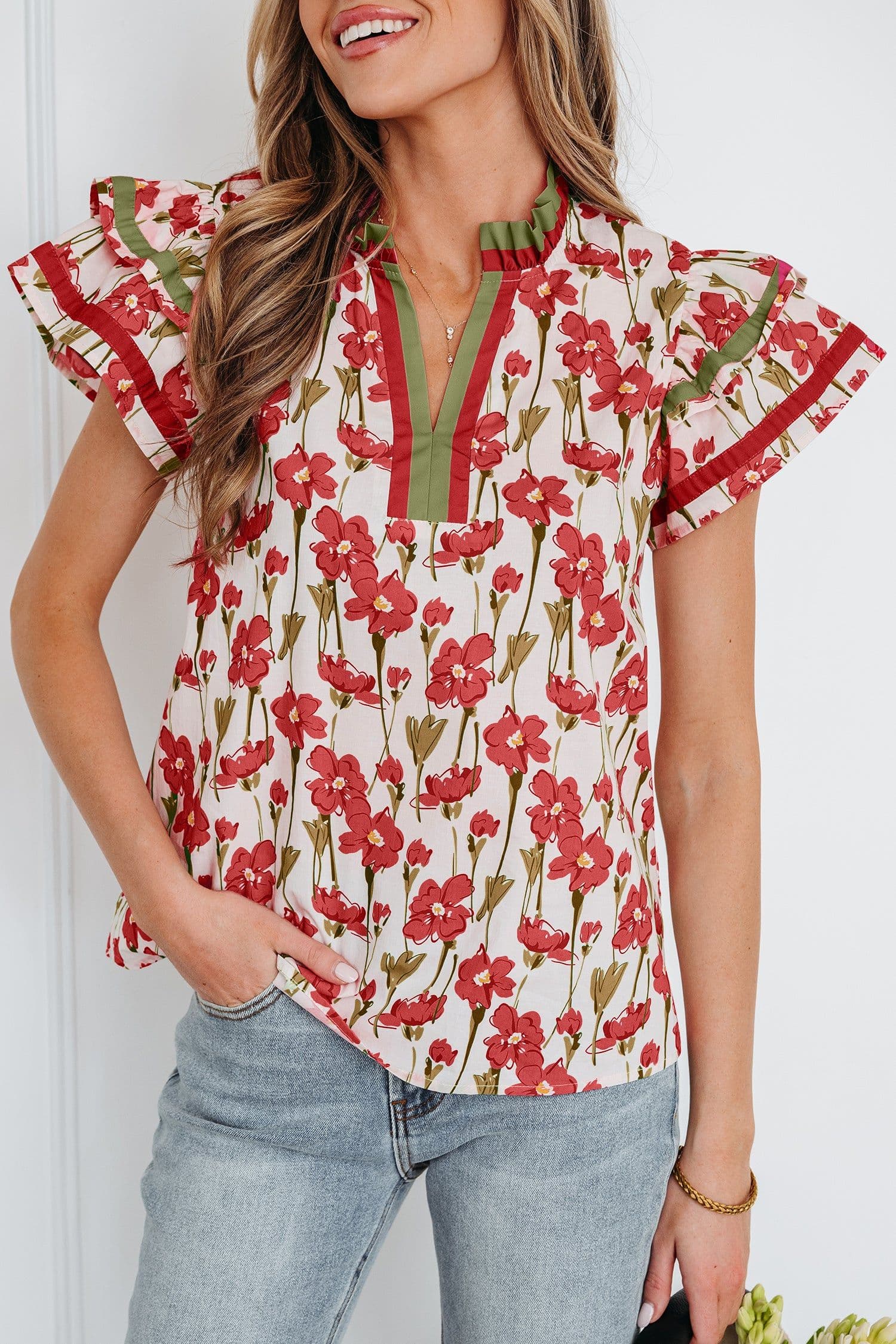 image-Pink Floral Print Blouse - V Neck Double Ruffle
