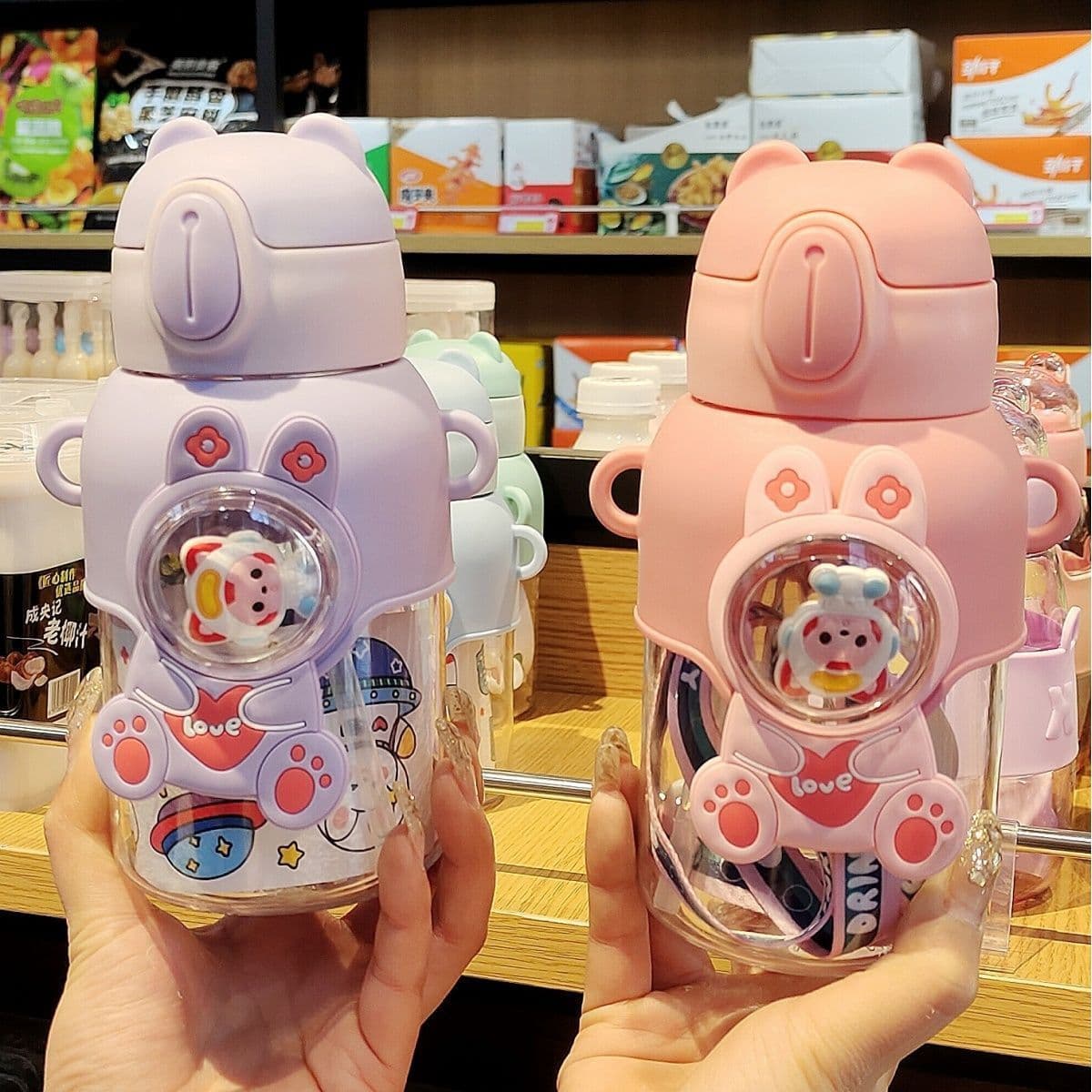 image-Cartoon Child's Plastic Water Cup Cup With Straw Portable Strap