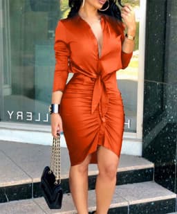 image-Women Lace-up Solid Color Long Sleeve Midi Dress Shirt Dress Elegant Fashion Party Dress