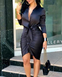 image-Women Lace-up Solid Color Long Sleeve Midi Dress Shirt Dress Elegant Fashion Party Dress