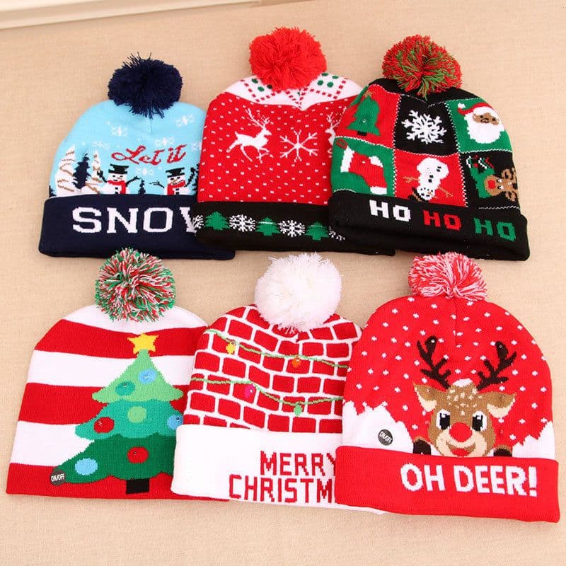 image-LED Christmas Hat Sweater Knitted Beanie Christmas Light Up Knitted Hat Christmas Gift Kids Xmas New Year Decorations