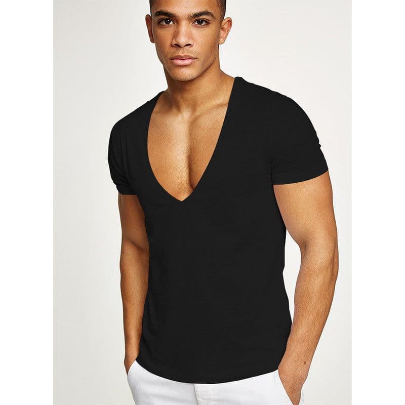 image-Shirts Men Deep V Neck Short Sleeve Tshirts Summer Streetwear Casual Solid Slim Polyester Tees Gym Fitness Boxing T Shirt Tops