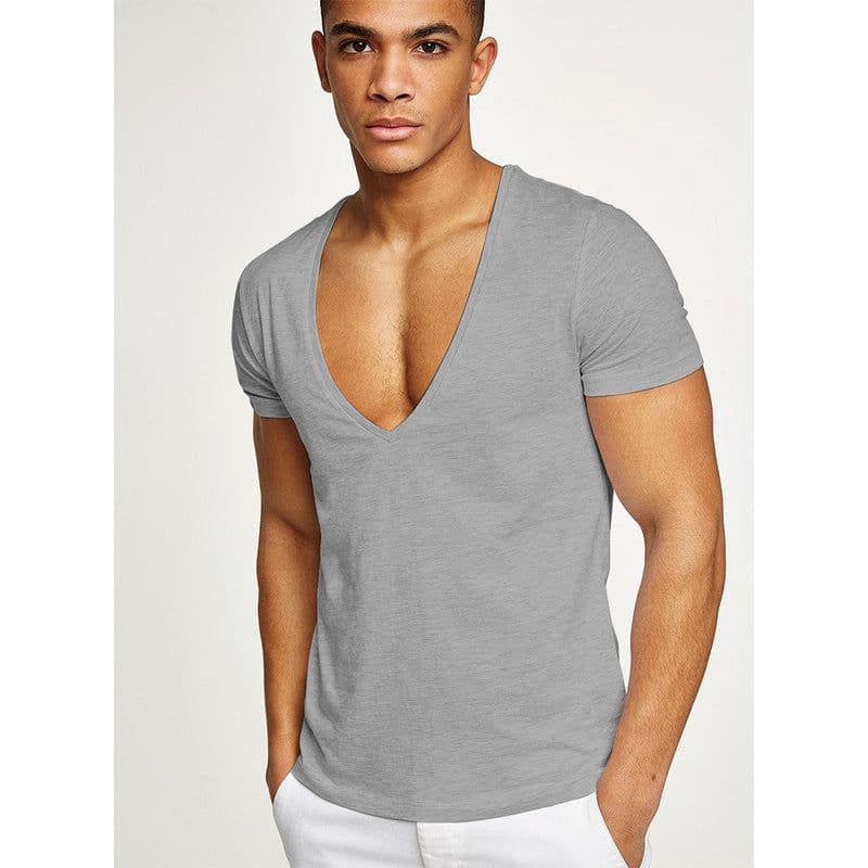 image-Shirts Men Deep V Neck Short Sleeve Tshirts Summer Streetwear Casual Solid Slim Polyester Tees Gym Fitness Boxing T Shirt Tops