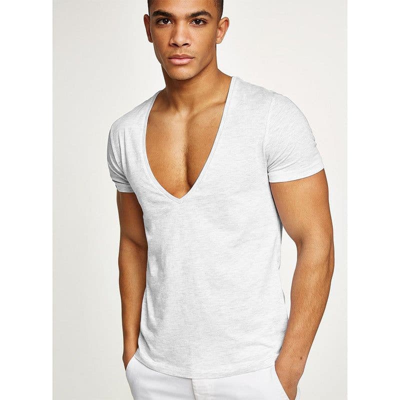 image-Shirts Men Deep V Neck Short Sleeve Tshirts Summer Streetwear Casual Solid Slim Polyester Tees Gym Fitness Boxing T Shirt Tops