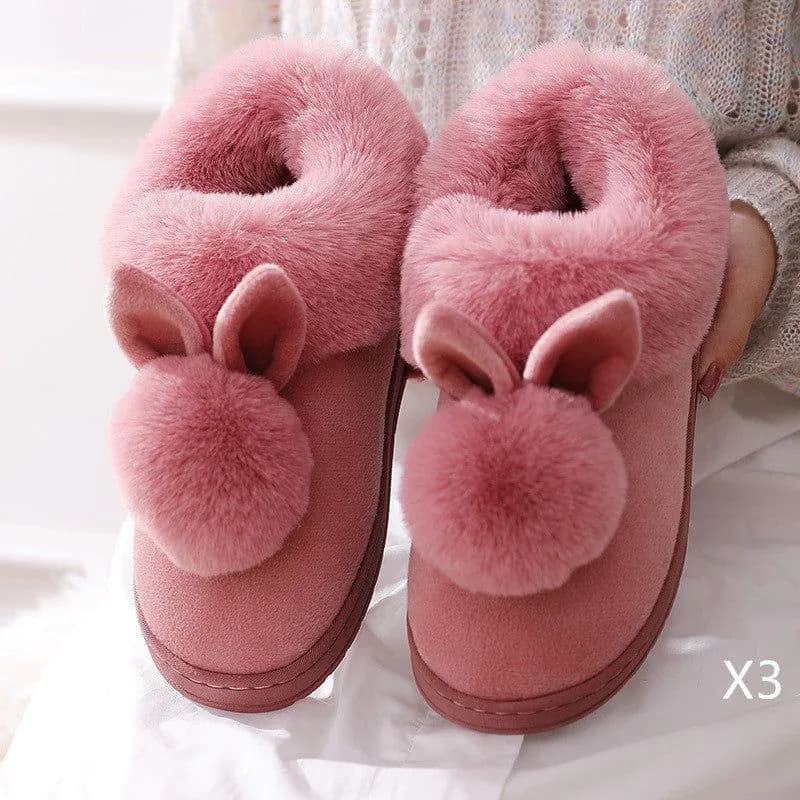 image-Autumn Winter Cotton Slippers Fur Rabbit Home Warm Thick Bottom Indoor Cotton Shoes Womens Slippers Cute Fluffy Cat Slippers