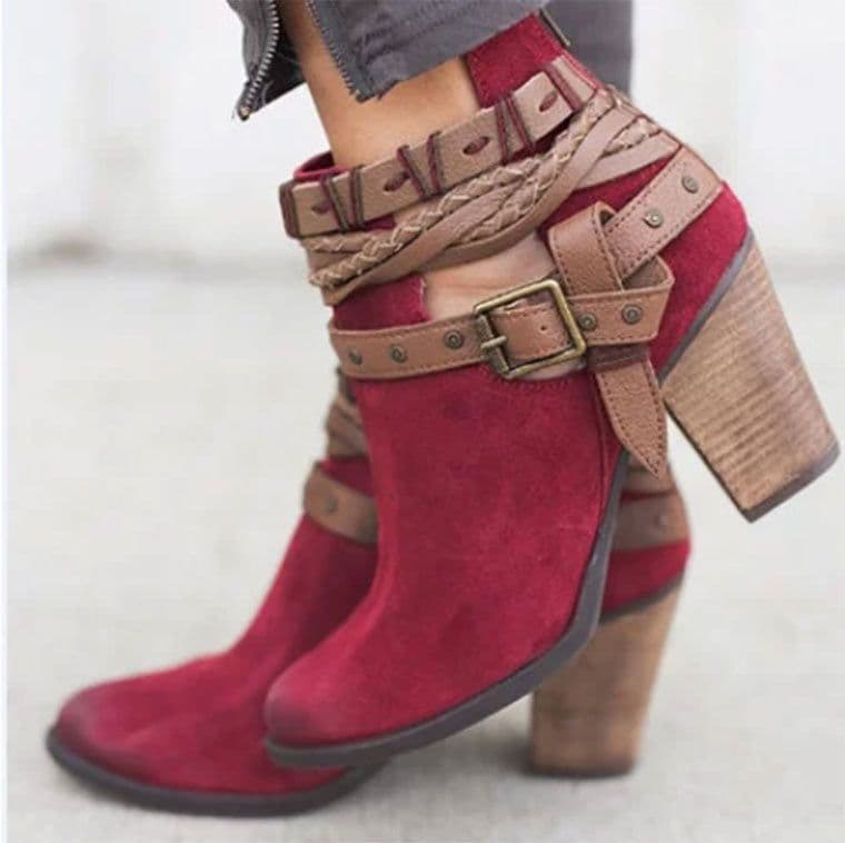 image-High-heeled Martin boots rivet belt buckle thick with round head boots