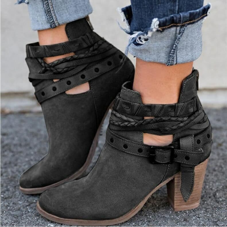image-High-heeled Martin boots rivet belt buckle thick with round head boots
