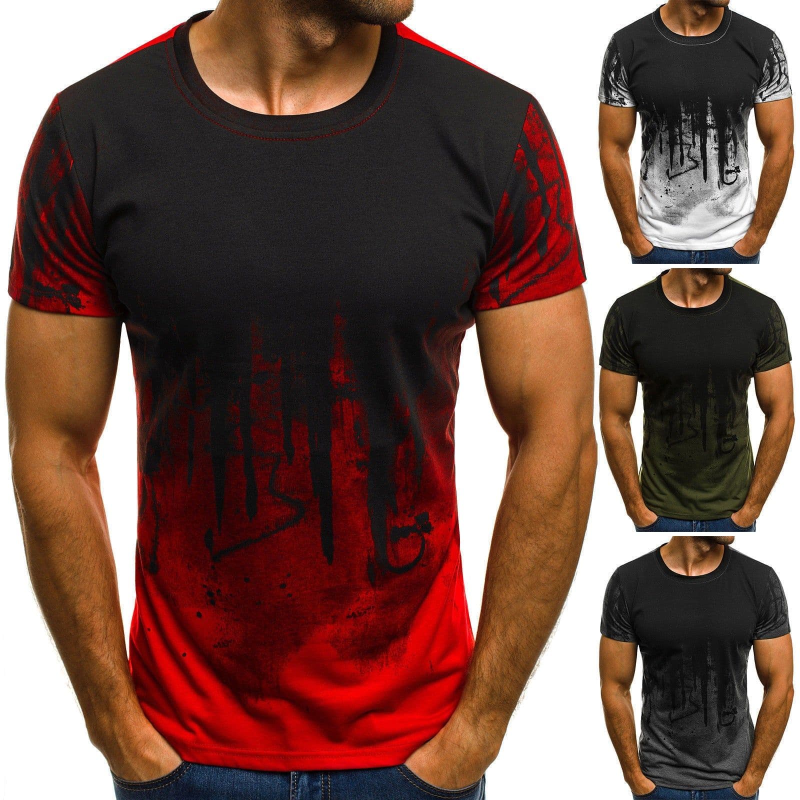 image-E-BAIHUI Men Fitness Compression T-Shirt Casual Cotton Black And Red Gradient High Quality Slim Shirt Men Fashion Tee Tops CG002