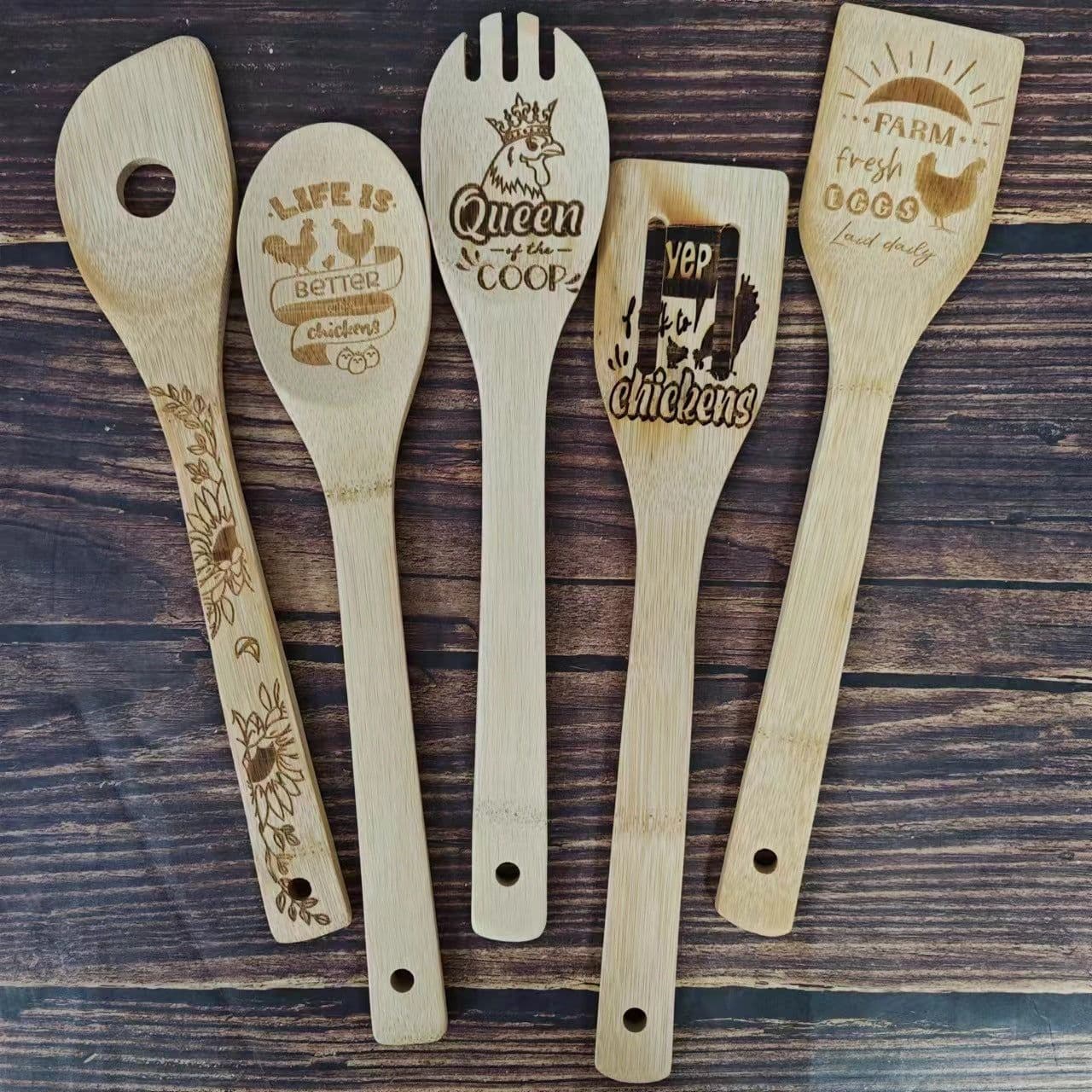 image-Bamboo Shovel Laser Engraving Pattern Halloween Christmas Bamboo Shovel Cooking Suit Five-piece Set