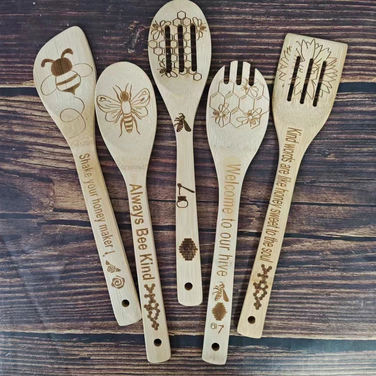 image-Bamboo Shovel Laser Engraving Pattern Halloween Christmas Bamboo Shovel Cooking Suit Five-piece Set
