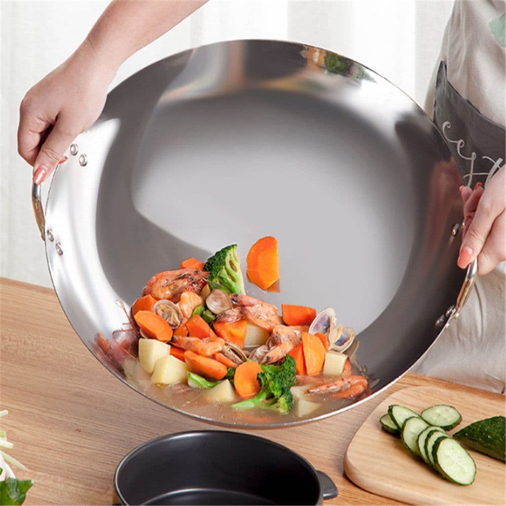 image-Compatible with Apple, Stainless Steel Double Ear Frying Tripod Thickened Uncoated Frying Pan With Ear Stainless Steel Frying Pan