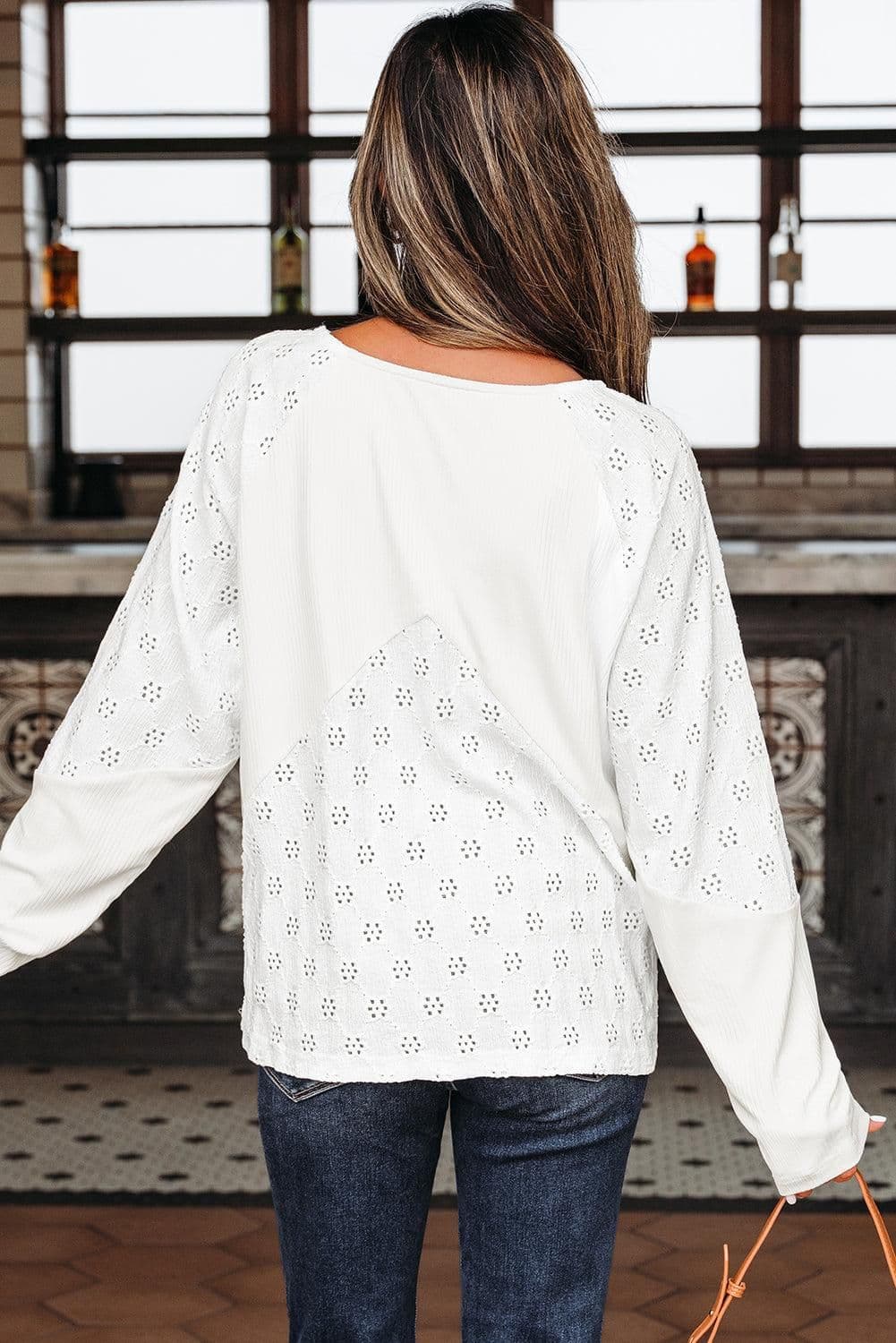 image-Tessabina Patchwork Embroidered V-Neck Long Sleeve Top - White