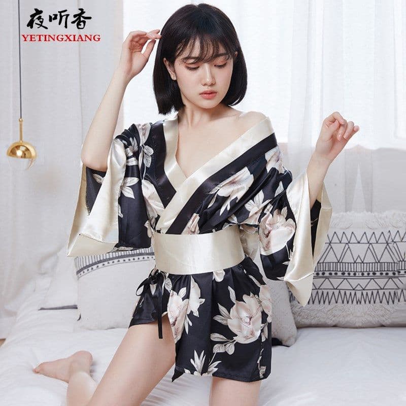 image-Sexy Kimono Uniform Cosplay Lingerie - Black Satin
