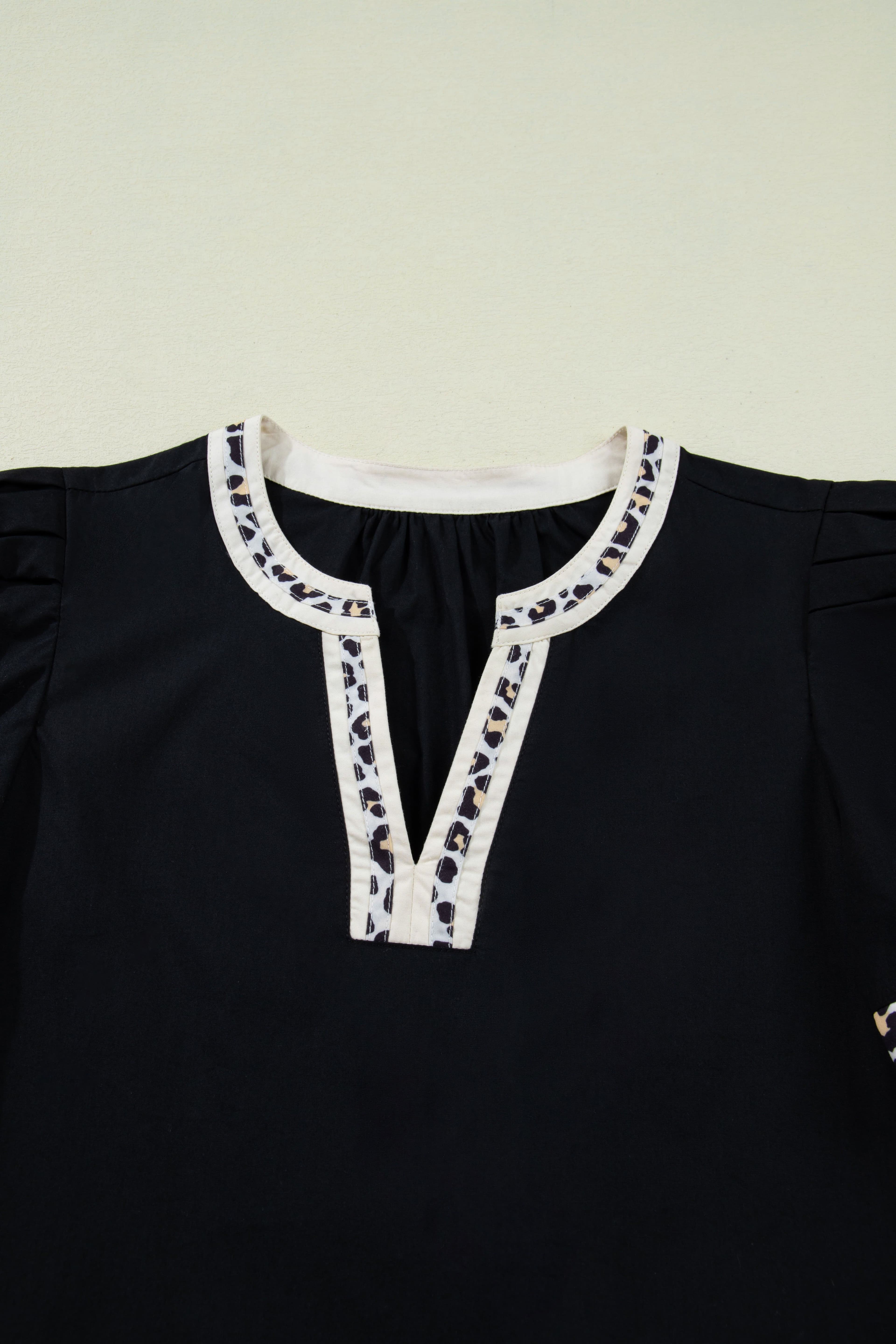 image-Black Leopard Trim Notched Neck Short Puff Sleeve Shift Mini Dress