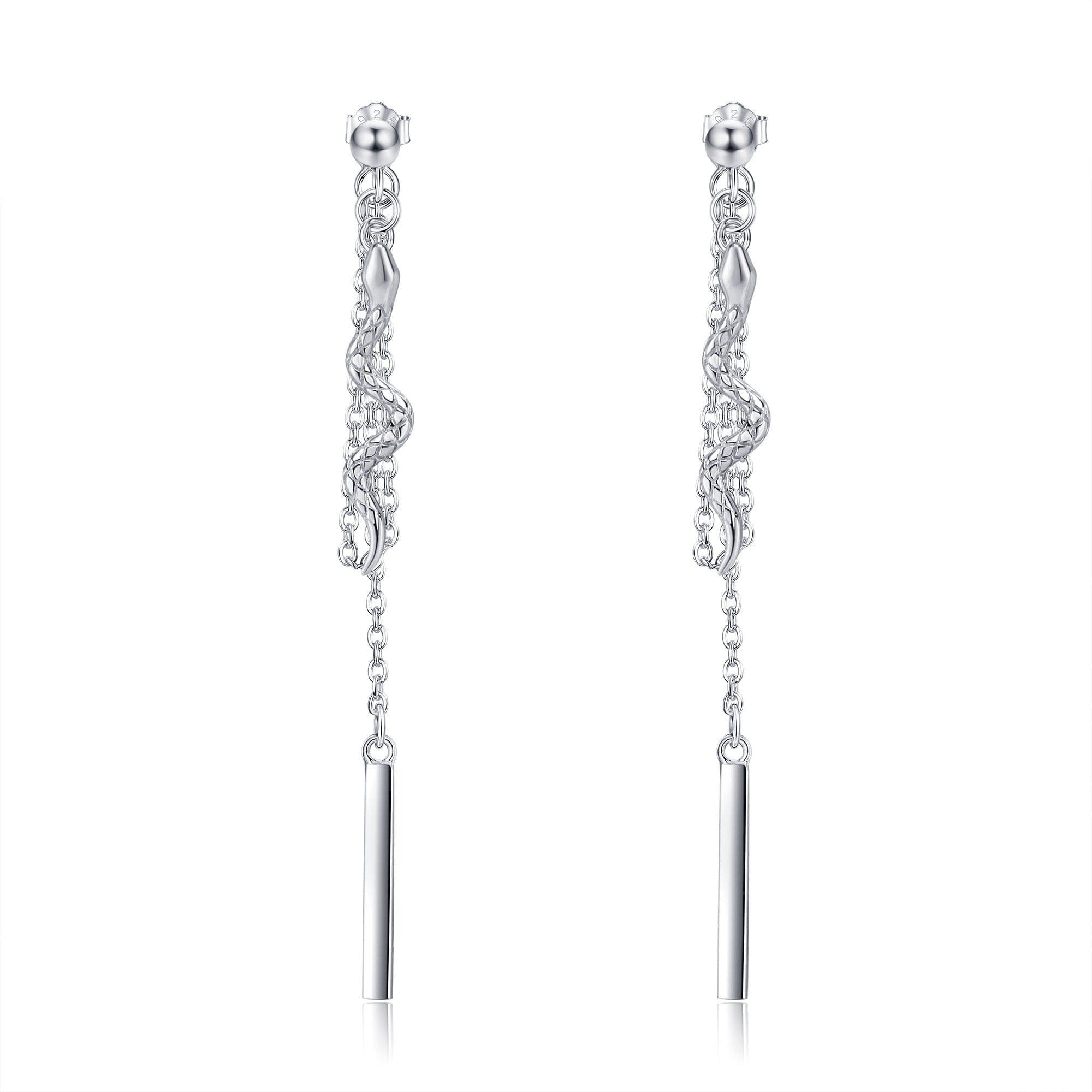 image-Sterling Silver Chain Earrings with Snake Dangle As Birthday Gifts For Women and Girls