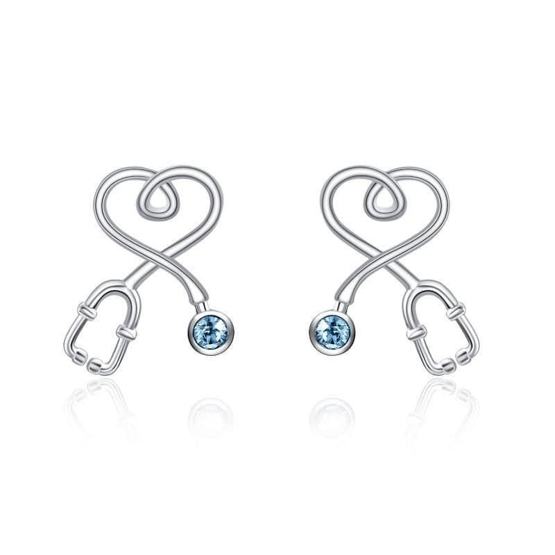 image-Sterling Silver Nurse Stethoscope with Blue Crystal Stud Earrings Jewelry Studs