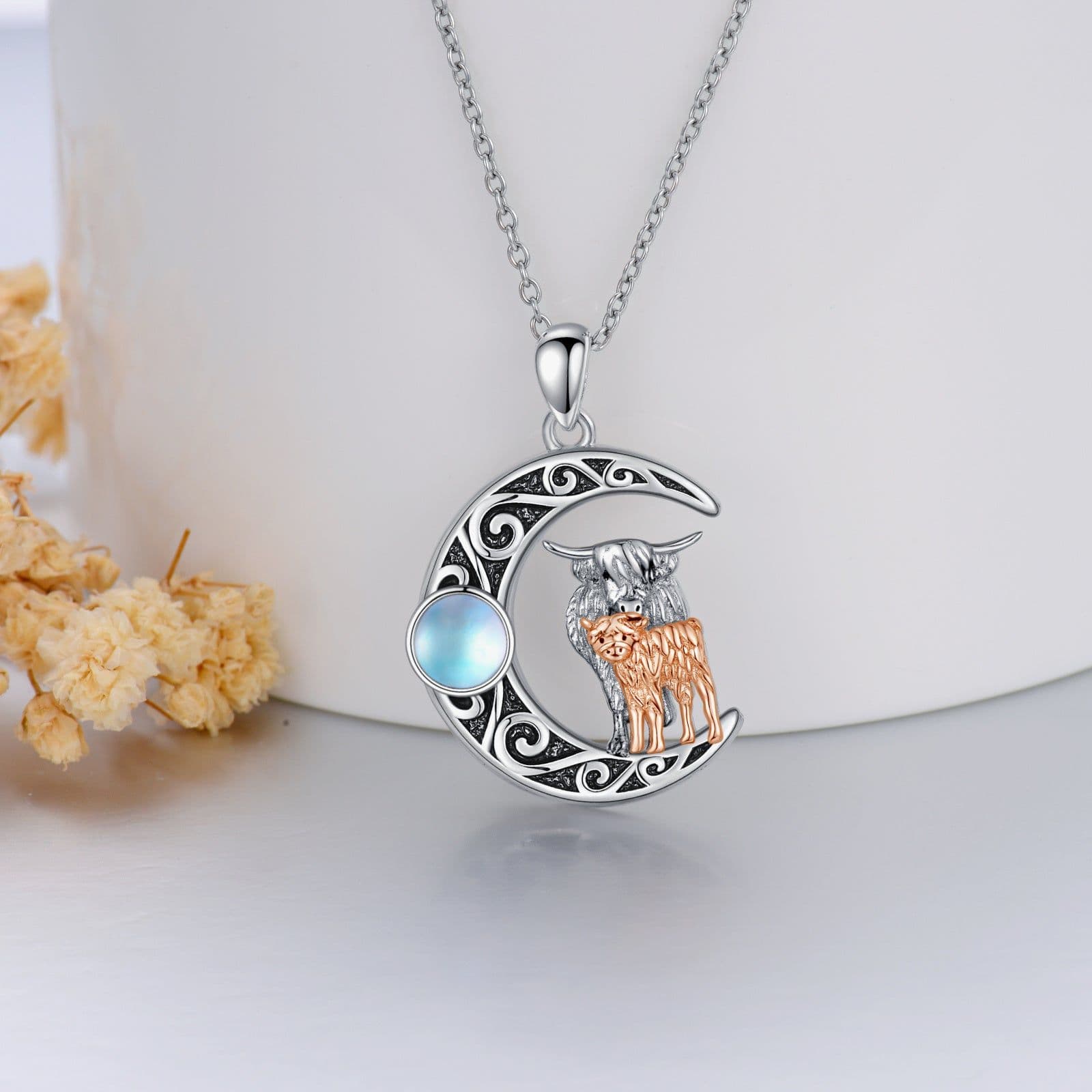 image-Mother Kids Highland Cow Moon 925 Sterling Silver Necklace With Moonstone