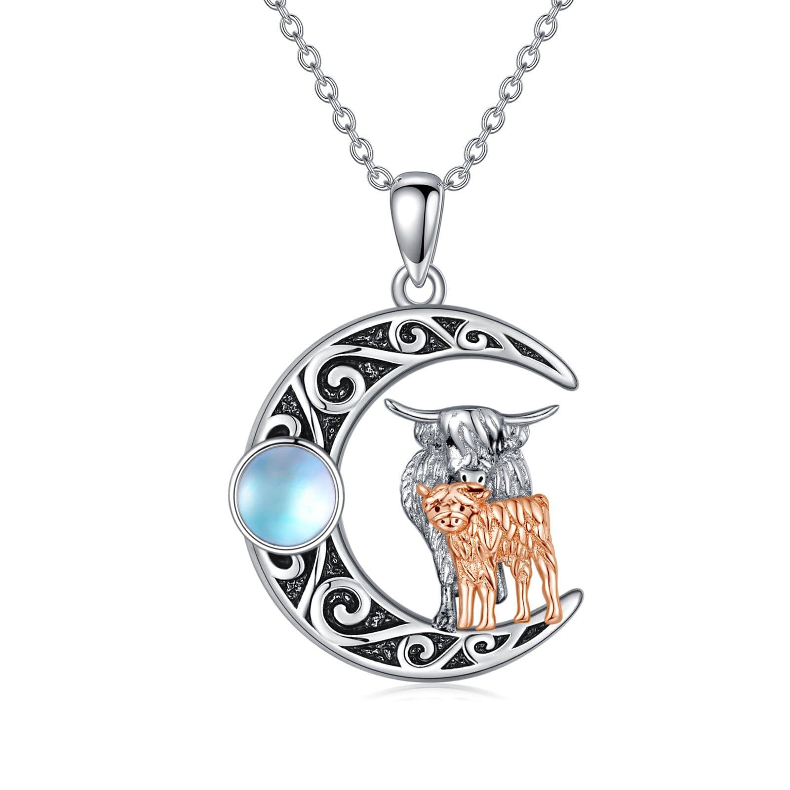 image-Mother Kids Highland Cow Moon 925 Sterling Silver Necklace With Moonstone
