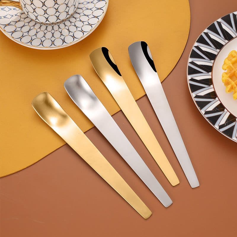 image-Coffee Dessert Golden Small Flat Spoon Stainless Steel Coffee Scoop Mixer Stirring Icecream Stirring Bar Spoon Kitchen Tableware Stainless Steel Ice Cream Spoon Dessert Spoon