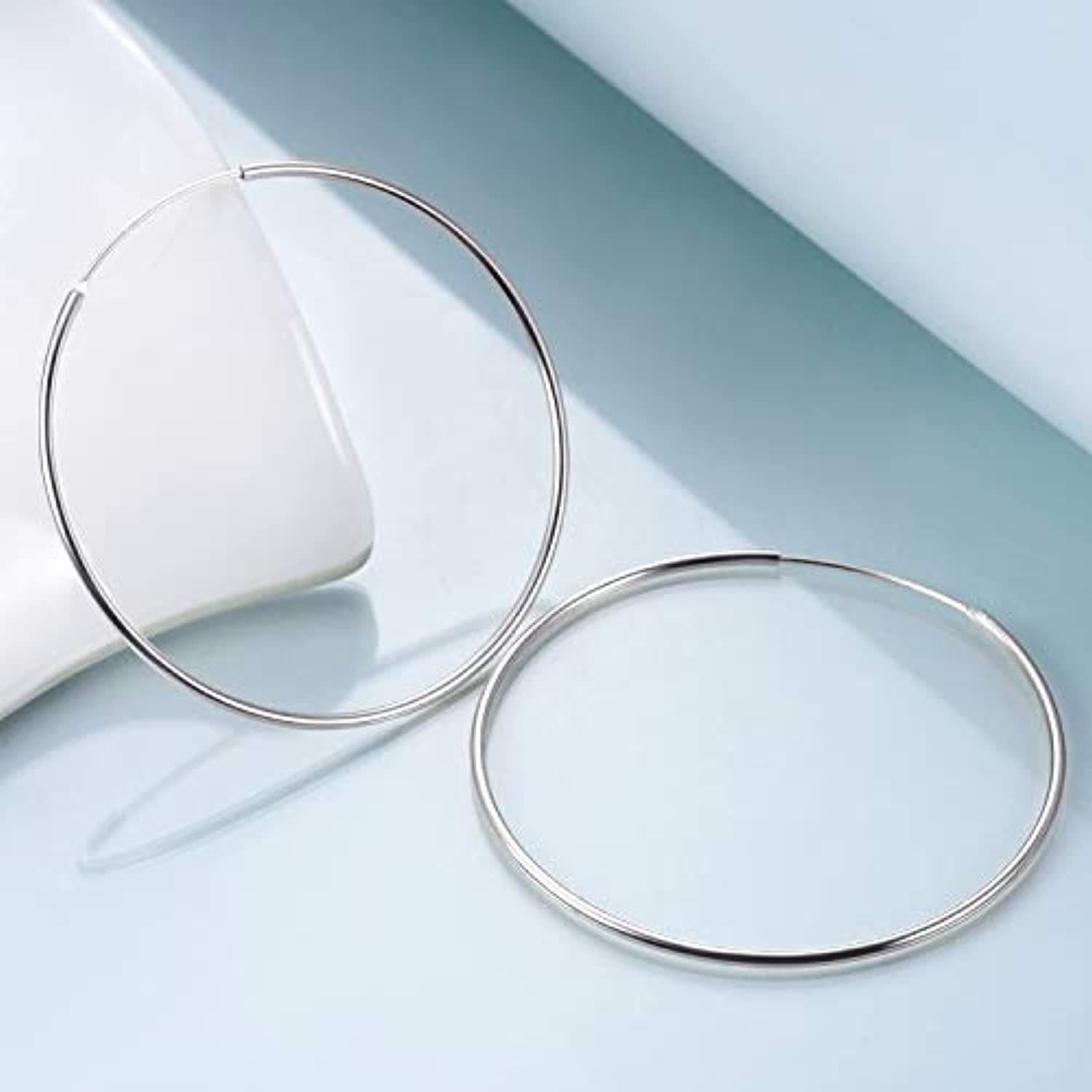 image-Sterling Silver Simple Polished Big Round Circle Hoop Earrings for Women