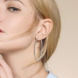 image-Sterling Silver Simple Polished Big Round Circle Hoop Earrings for Women