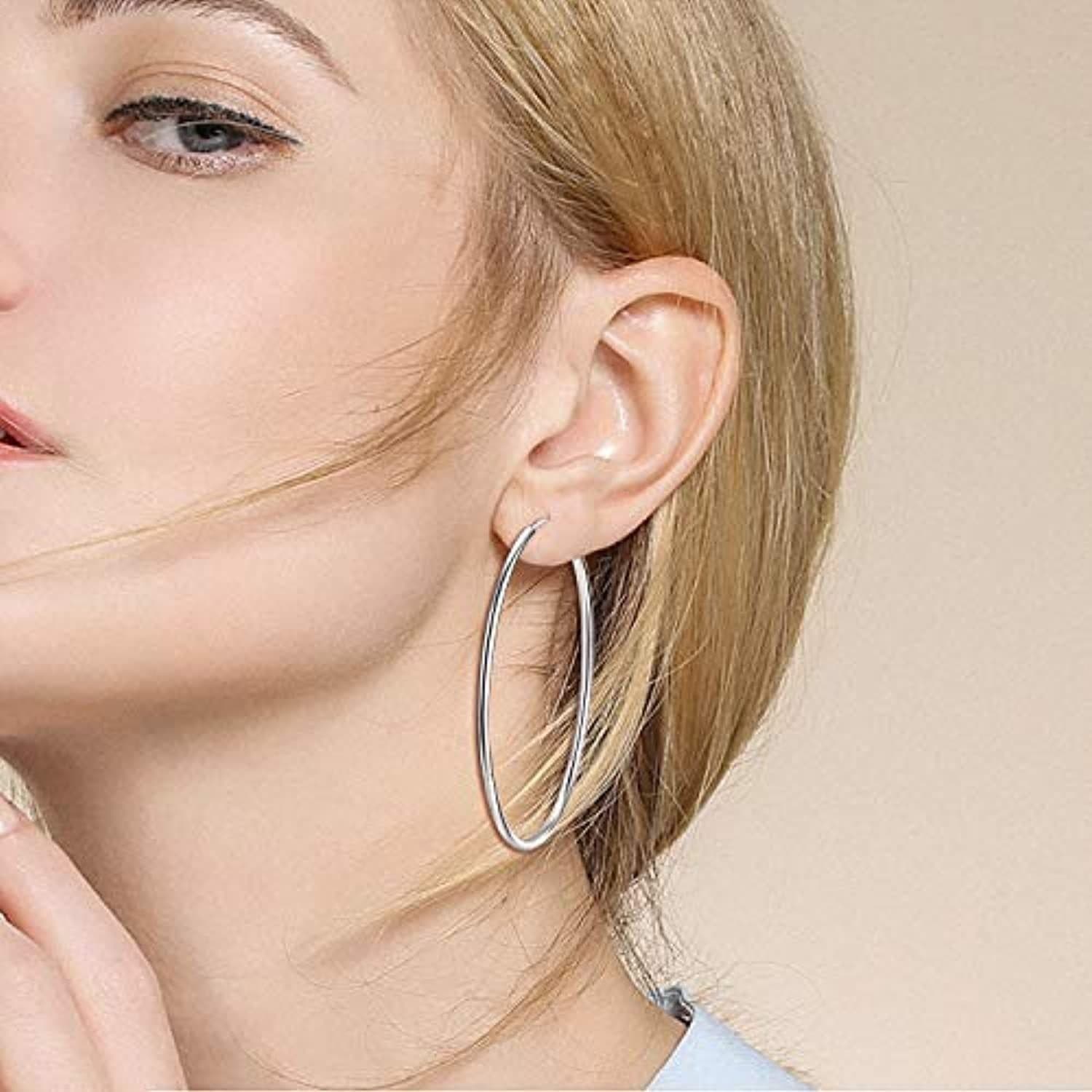 image-Sterling Silver Simple Polished Big Round Circle Hoop Earrings for Women