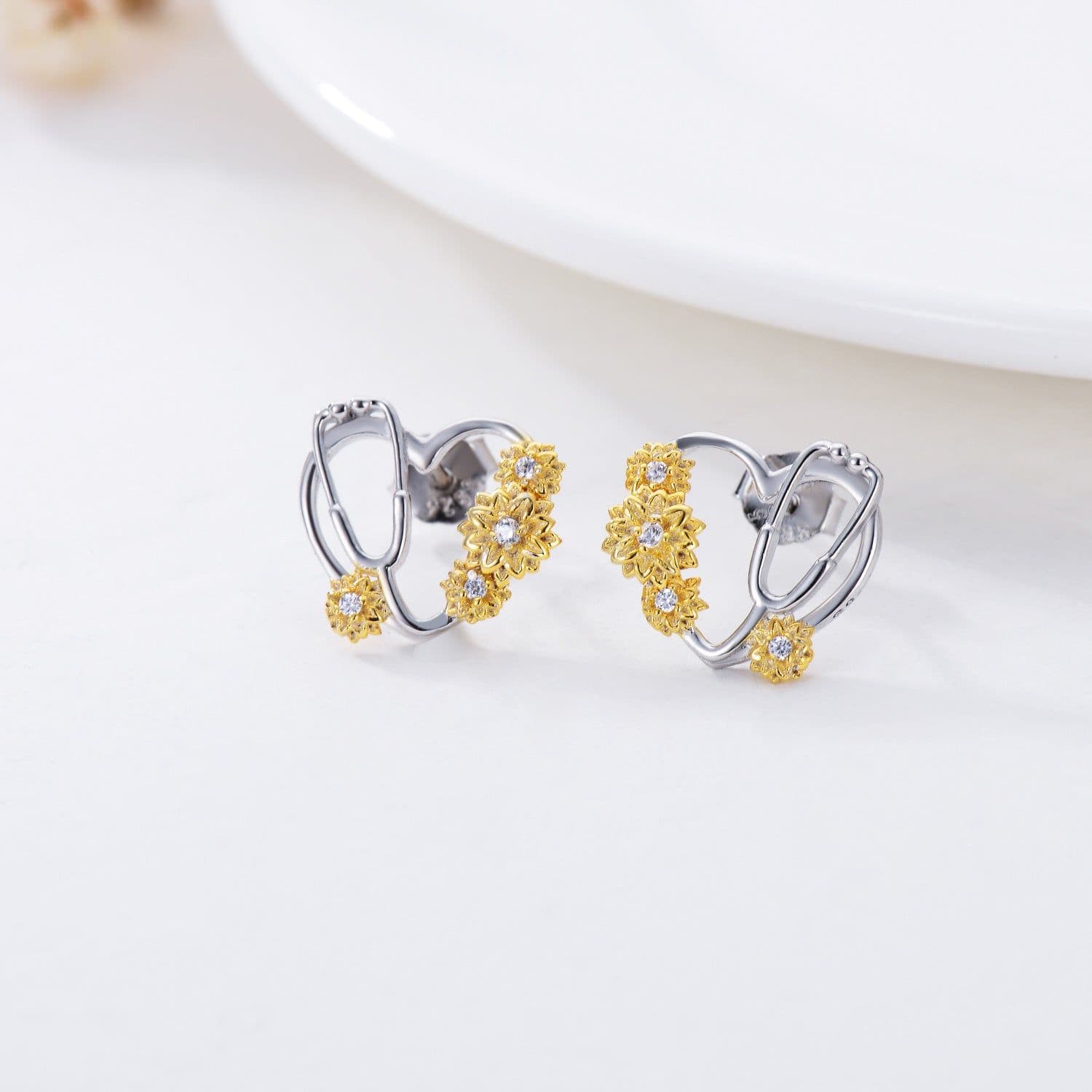 image-Sunflower Stethoscope Heart Earrings in Sterling Silver for Women Nurse