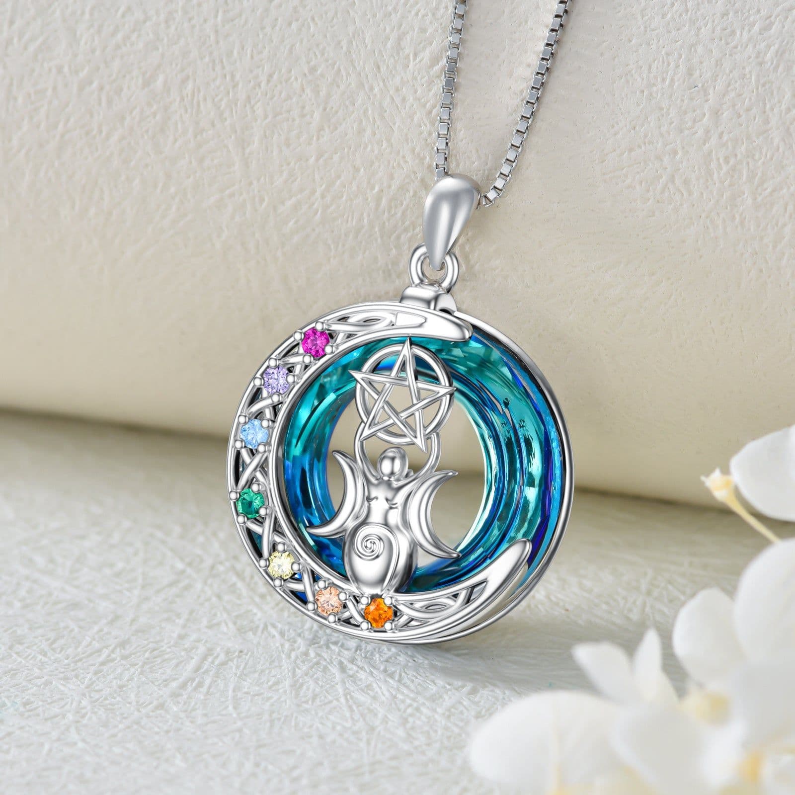 image-Chakra Triple Moon Goddess Crystal Necklace In White Gold Plated Sterling Silver
