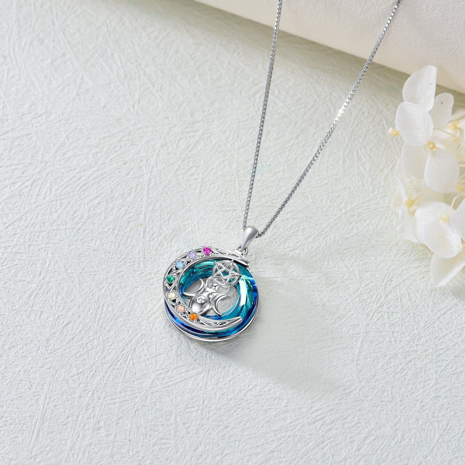 image-Chakra Triple Moon Goddess Crystal Necklace In White Gold Plated Sterling Silver