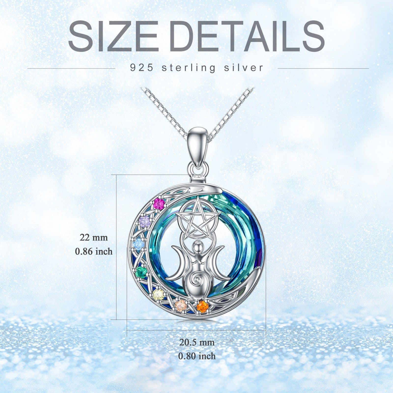image-Chakra Triple Moon Goddess Crystal Necklace In White Gold Plated Sterling Silver
