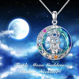 image-Chakra Triple Moon Goddess Crystal Necklace In White Gold Plated Sterling Silver
