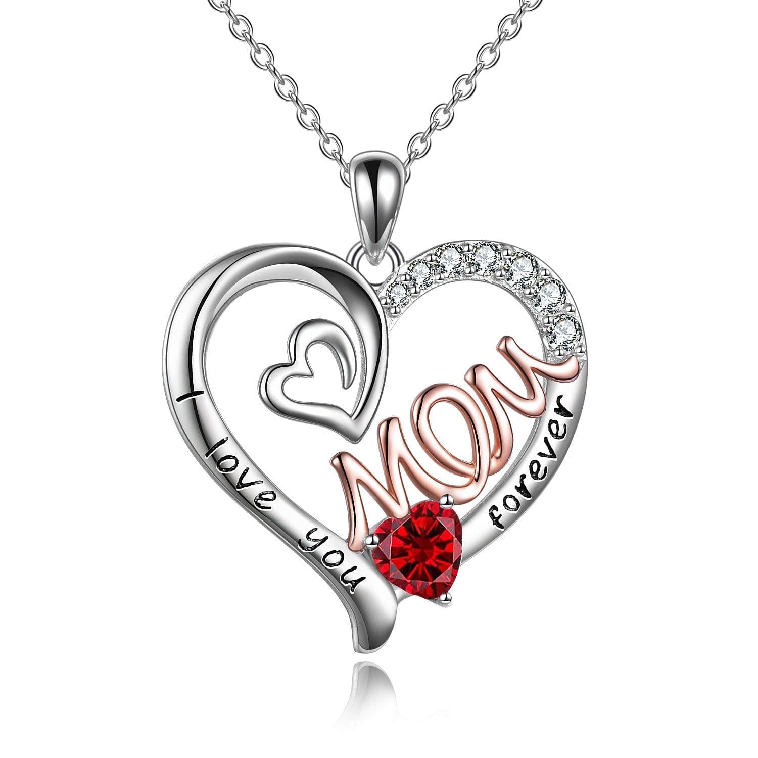 image-Mom Necklace S925 Sterling Silver Heart CZ Pink Stone Love Mum Pendant Birthstone Jewelry for Women Mother Gifts