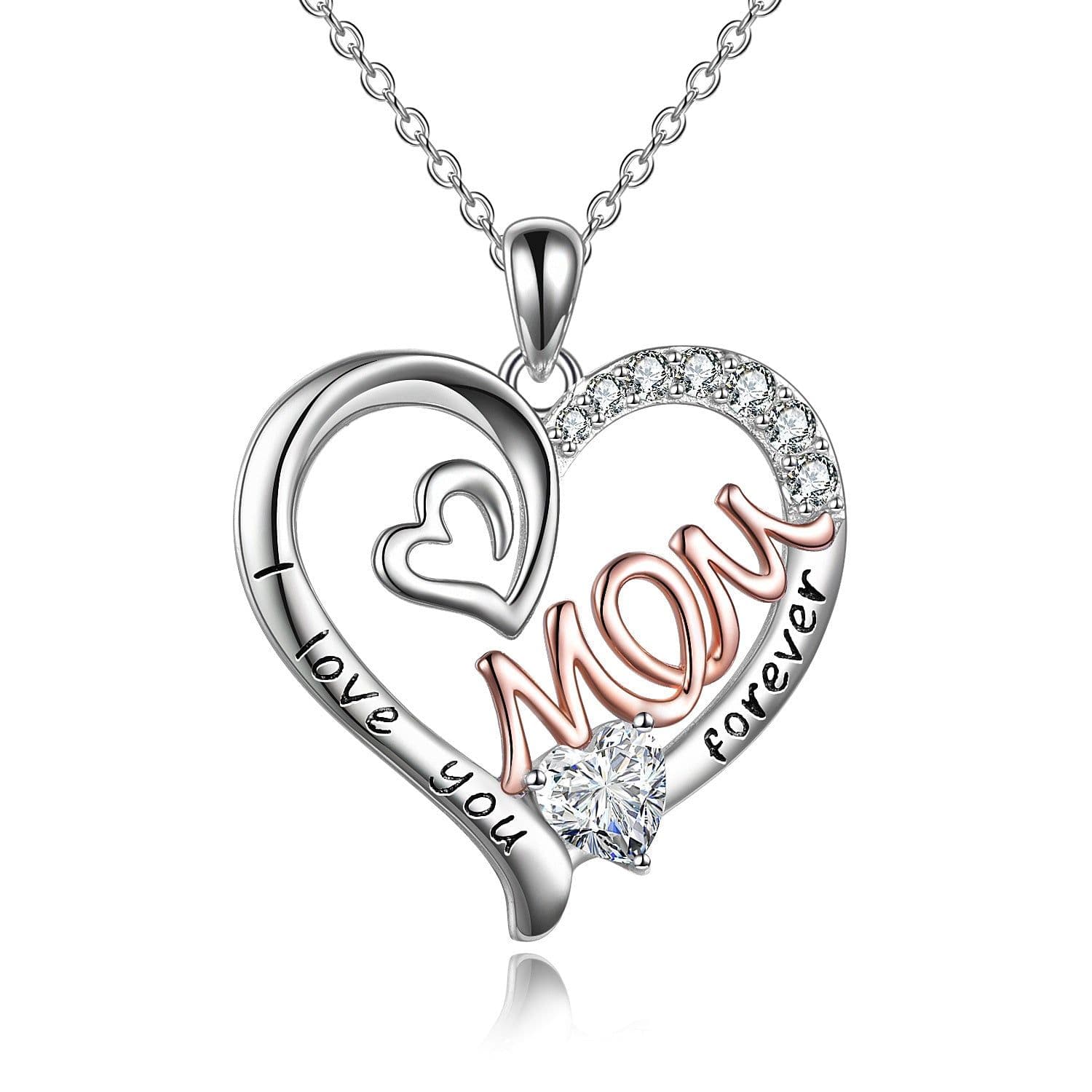 image-Mom Necklace S925 Sterling Silver Heart CZ Pink Stone Love Mum Pendant Birthstone Jewelry for Women Mother Gifts