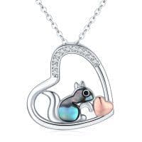 image-925 Sterling Silver Squirrel Abalone Shell Cubic Zirconia Cute Animal Heart Pendant Necklace