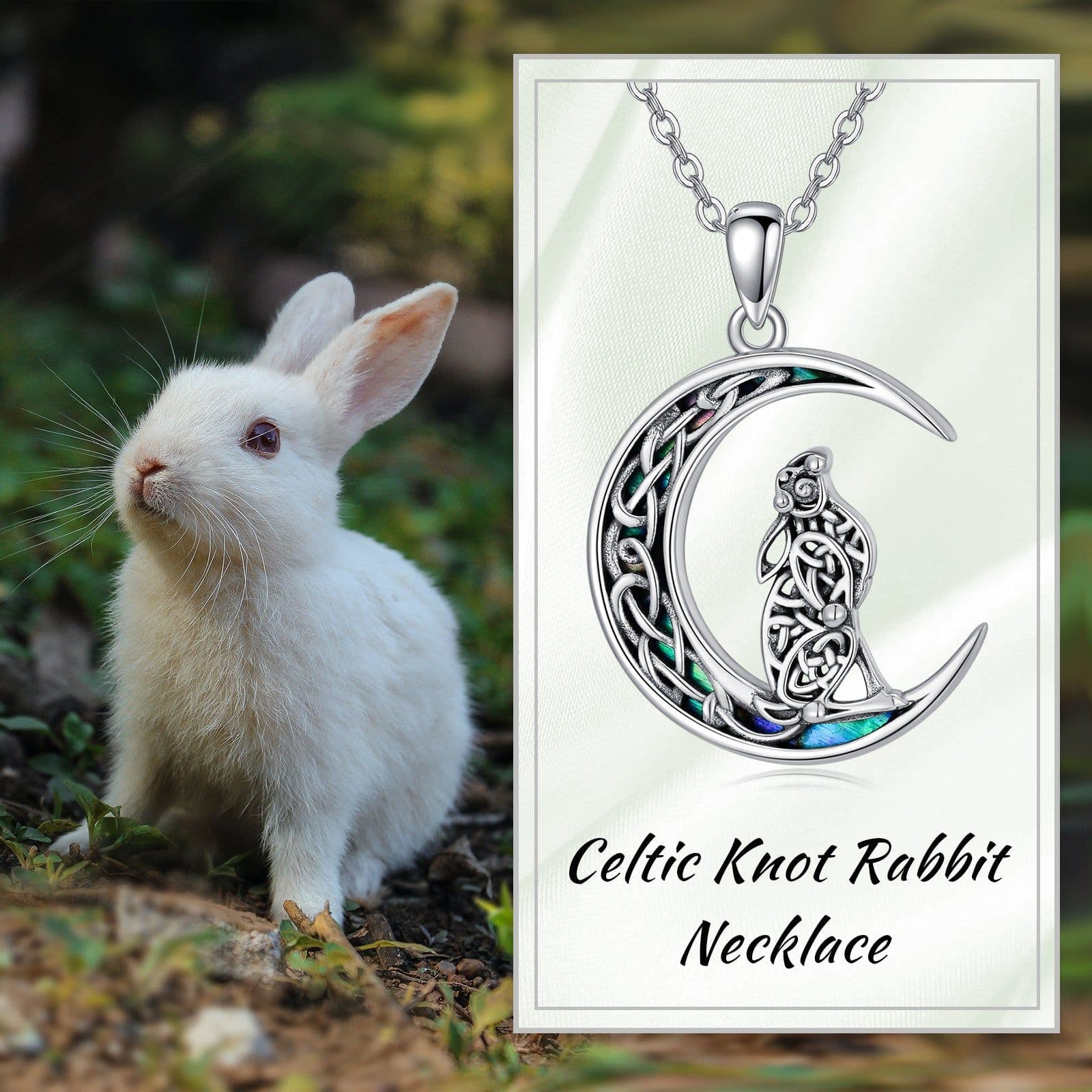 image-Celtic Knot Bunny Moon Necklace Sterling Silver Abalone Shellfish Pendant Jewelry Gifts