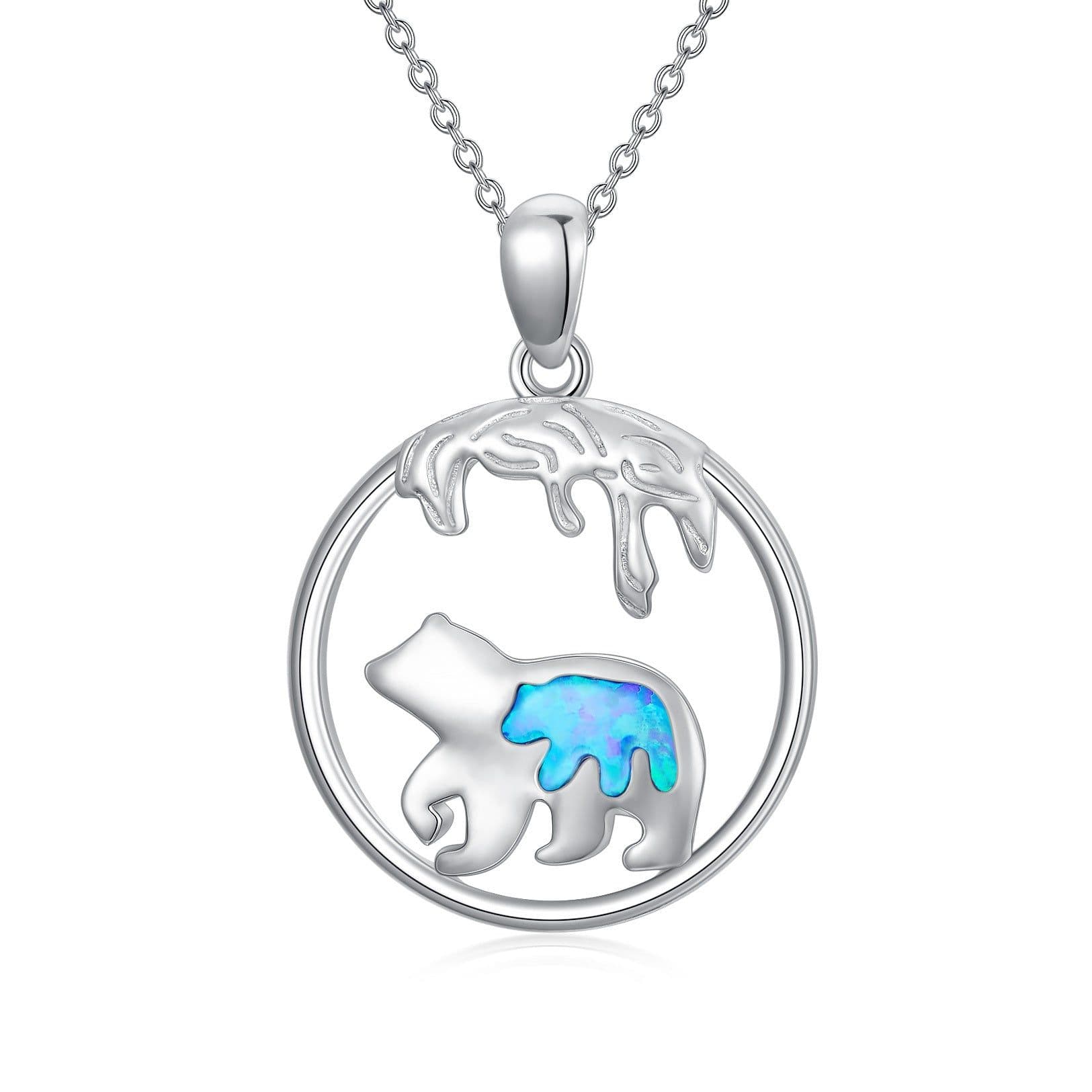image-Mama Bear Necklace Sterling Silver Mother Daughter Blue Opal Animal Necklace Pendant Gift for Women Girls