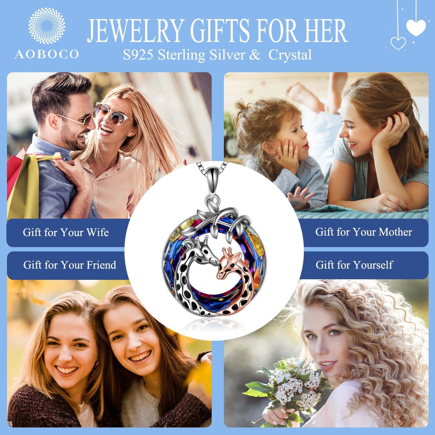 image-Giraffe Pendant Necklace Sterling Silver Crystal Jewelry Gifts for Women Teens Girls