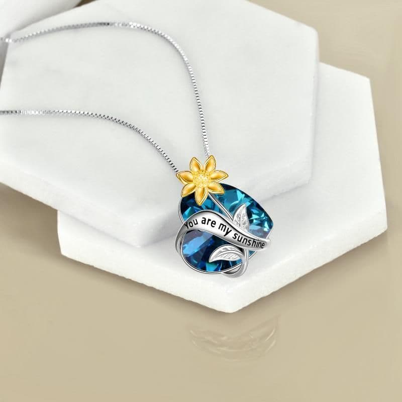 image-You Are My Sunshine Sunflower Pendant Necklace In Sterling Silver With Crystal