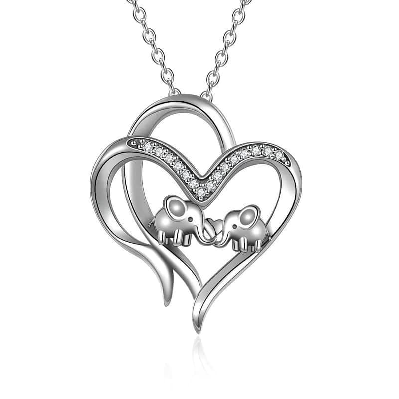image-Sterling Silver Elephant Heart-shaped Pendant For Mother and Child