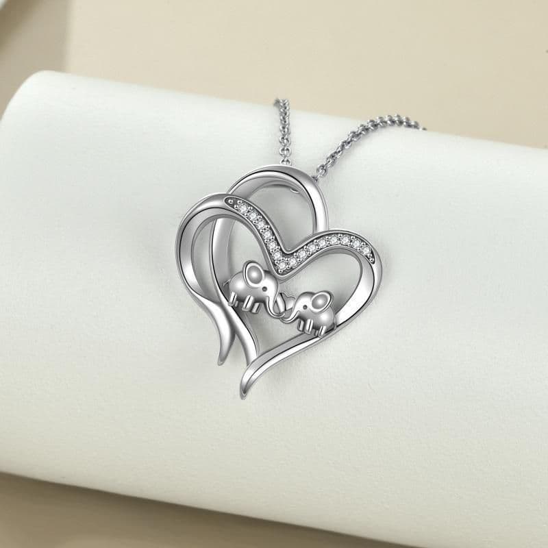 image-Sterling Silver Elephant Heart-shaped Pendant For Mother and Child