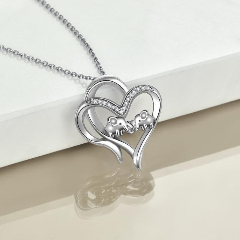 image-Sterling Silver Elephant Heart-shaped Pendant For Mother and Child
