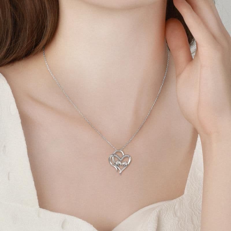 image-Sterling Silver Elephant Heart-shaped Pendant For Mother and Child