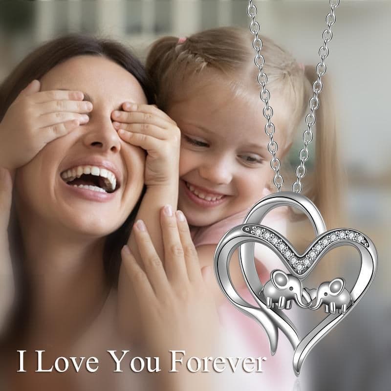 image-Sterling Silver Elephant Heart-shaped Pendant For Mother and Child