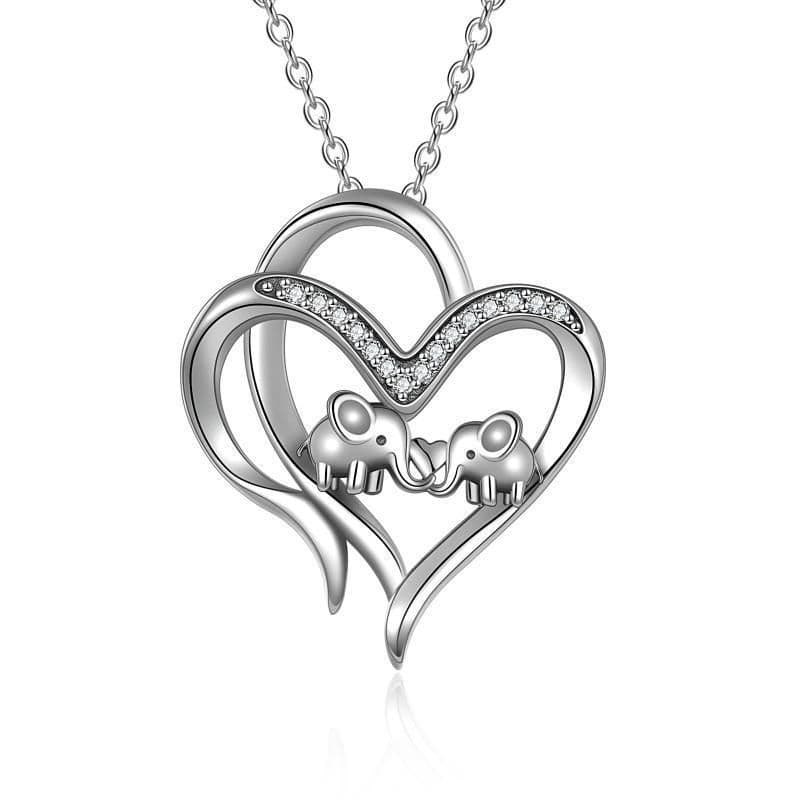 image-Sterling Silver Elephant Heart-shaped Pendant For Mother and Child