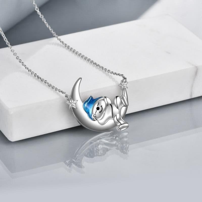 image-Sterling Silver Bear Necklace Bear Moon Pendant Cute Animal Jewelry Bear Gifts for Women