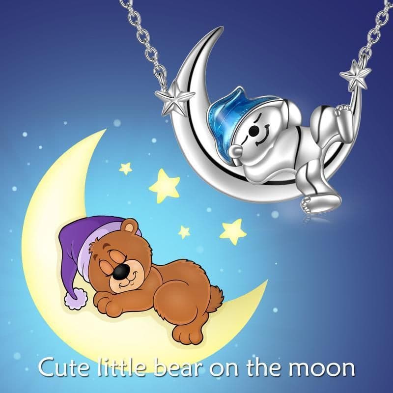 image-Sterling Silver Bear Necklace Bear Moon Pendant Cute Animal Jewelry Bear Gifts for Women