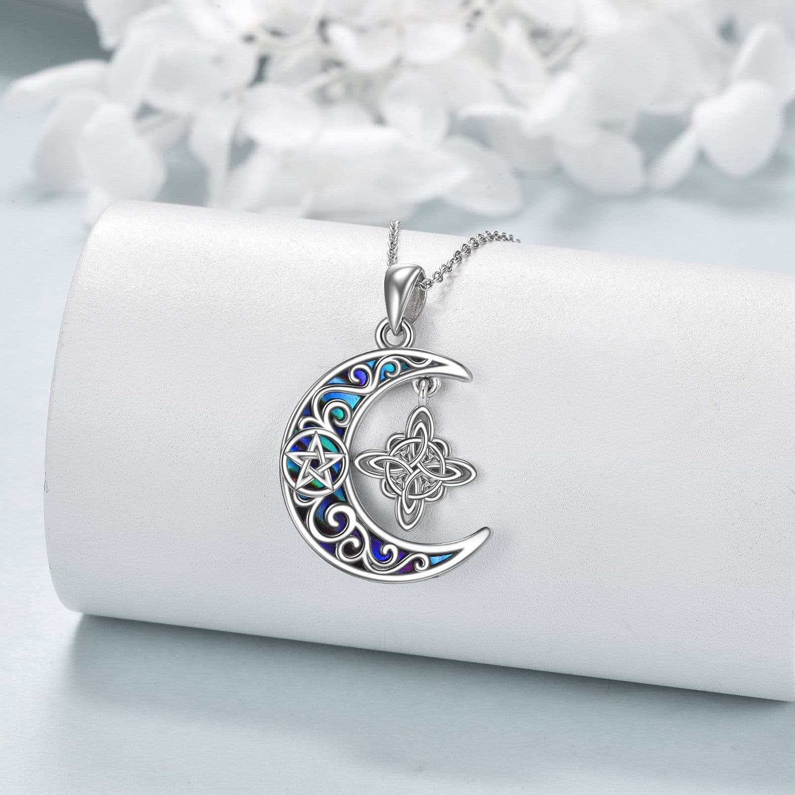 image-Witches Knot Necklace Sterling Silver Celtic Crescent Knot Pendant Necklace Abalone Shellfish Pagan Jewelry
